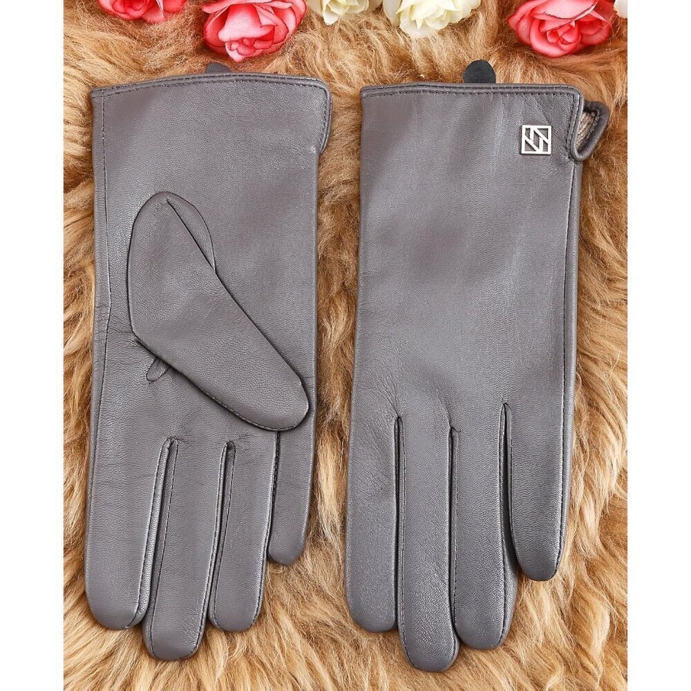 ❤️Women's  Grey Italian Leather Gloves Lambskin Winter Comfort Gloves - Picture 4 of 9